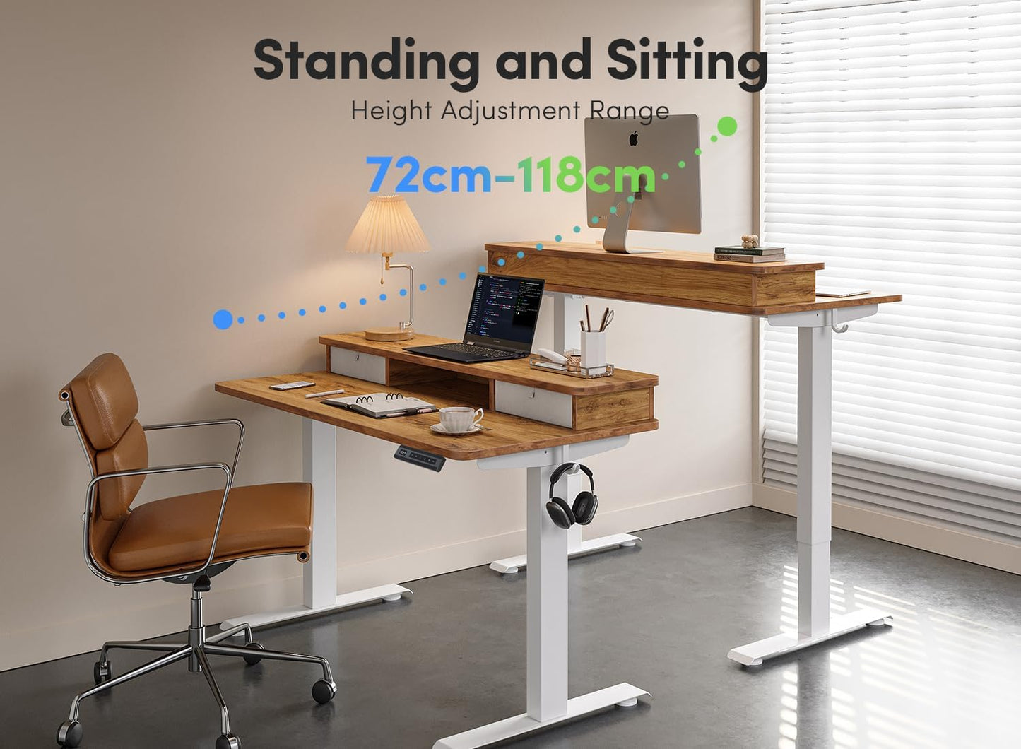 40 X 24 Inch Height Adjustable Electric Standing Desk with Double Drawer, Stand up Desk with Storage Shelf, Sit Stand Desk, Light Rustic