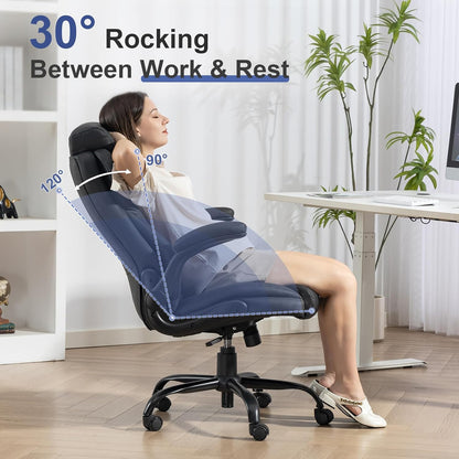 400LBS Big and Tall Office Chair, Leather Executive Desk Chair with Padded Flip-Up Arms, Heavy Duty Swivel Rolling Computer Chair for Home Office, Black