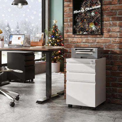 3-Drawer Mobile File Cabinet (Under Office Desk), Assembled except Casters, Fits Letter/Standard Sizes, White