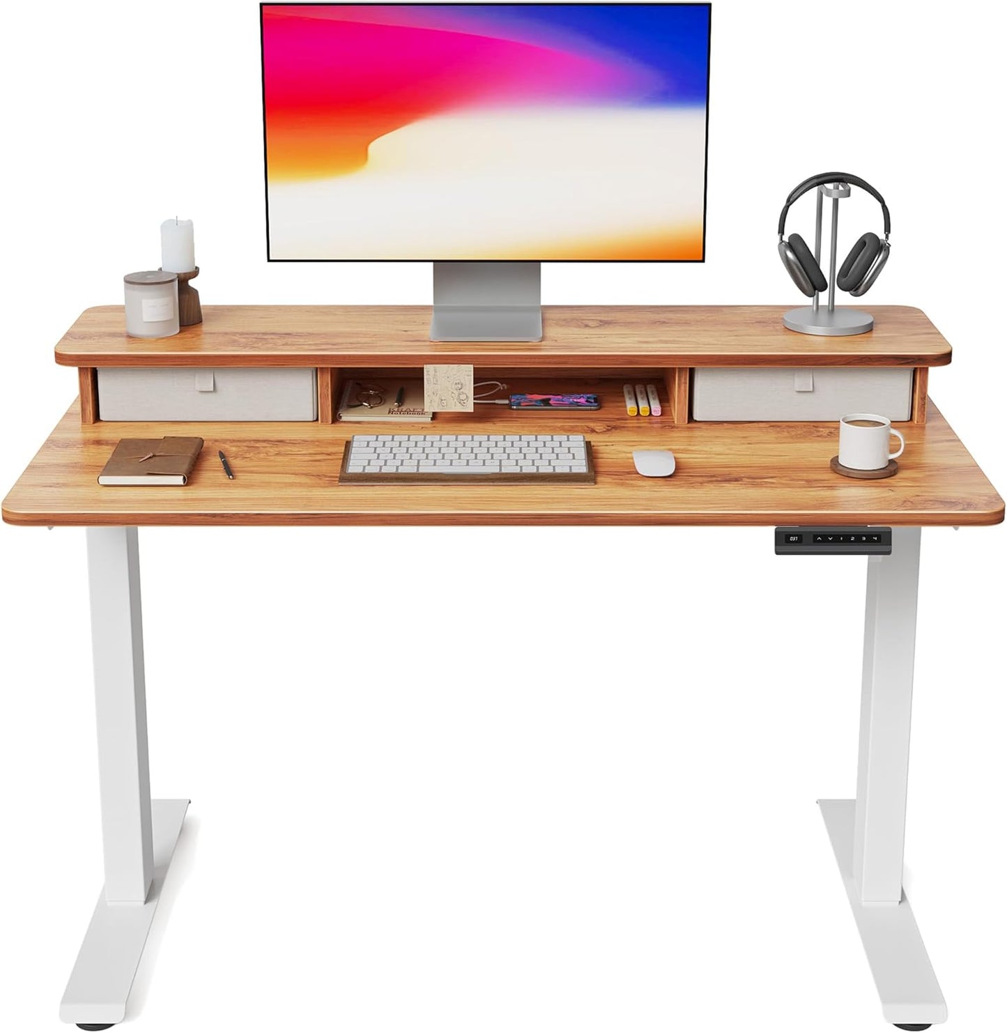 40 X 24 Inch Height Adjustable Electric Standing Desk with Double Drawer, Stand up Desk with Storage Shelf, Sit Stand Desk, Light Rustic