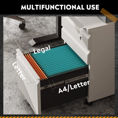 3-Drawer Mobile File Cabinet (Under Office Desk), Assembled except Casters, Fits Letter/Standard Sizes, White