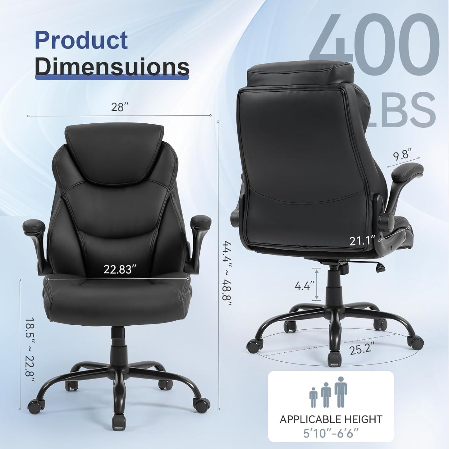 400LBS Big and Tall Office Chair, Leather Executive Desk Chair with Padded Flip-Up Arms, Heavy Duty Swivel Rolling Computer Chair for Home Office, Black